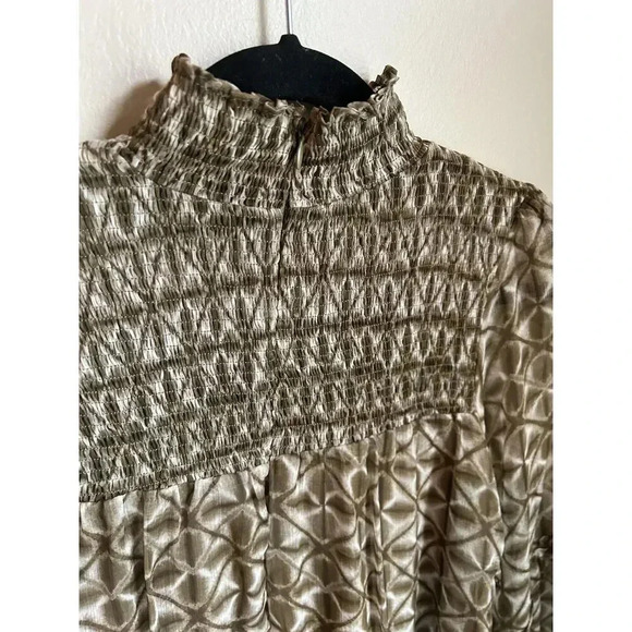 Olivaceous Sage Olive Green and White Mock Neck Dress with Smocking, Long Sleeve - Picture 8 of 9